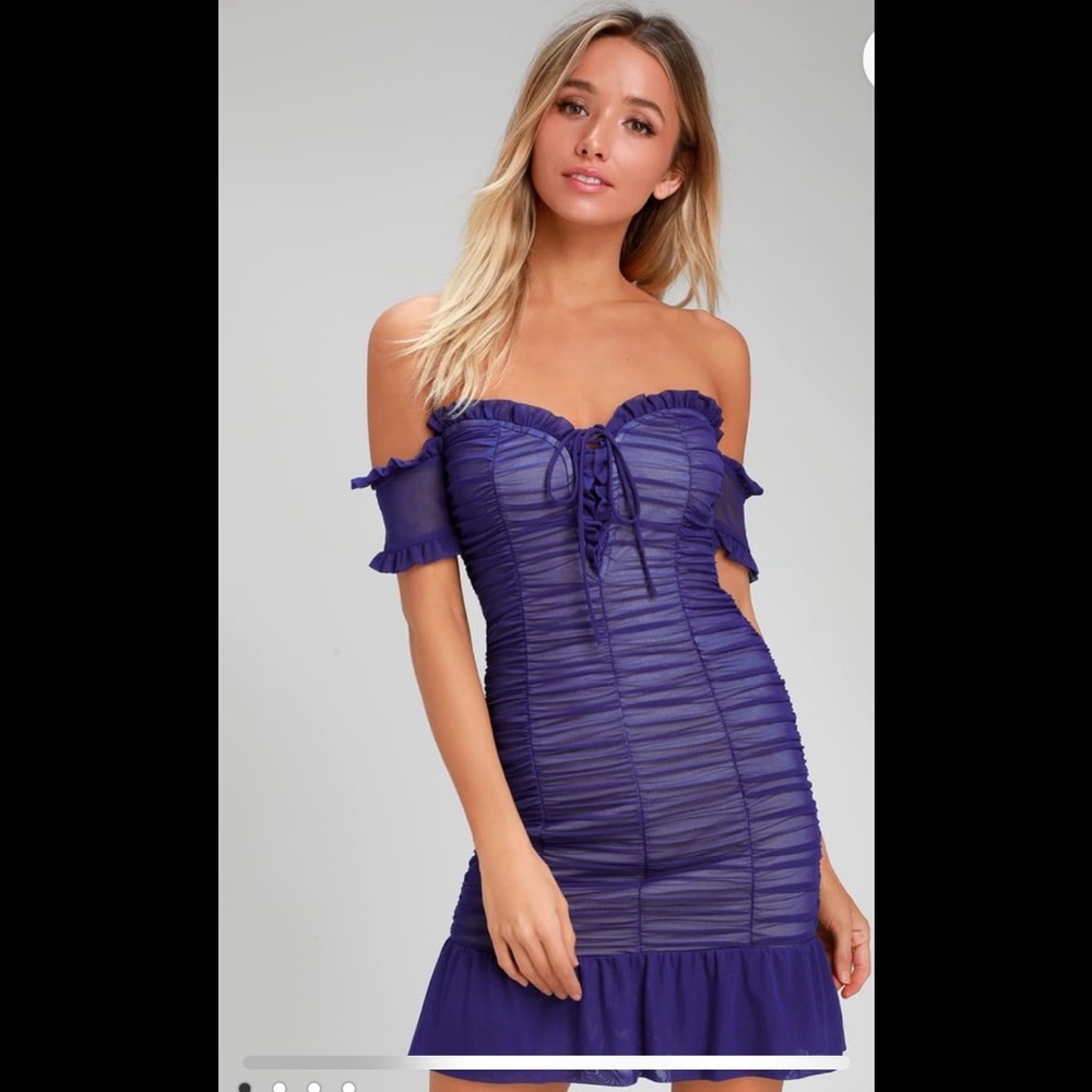 NWT LULU’s KRIS ROYAL BLUE RUCHED OFF-THE-SHOULDER DRESS SIZE SMALL